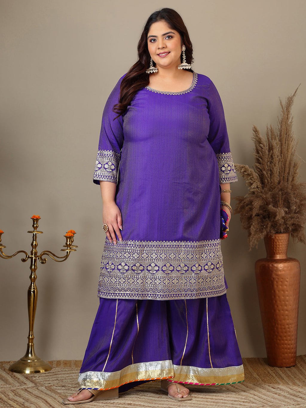 Women Plus Size Ethnic Motifs Embroidered Kurta with Sharara & Dupatta - ID