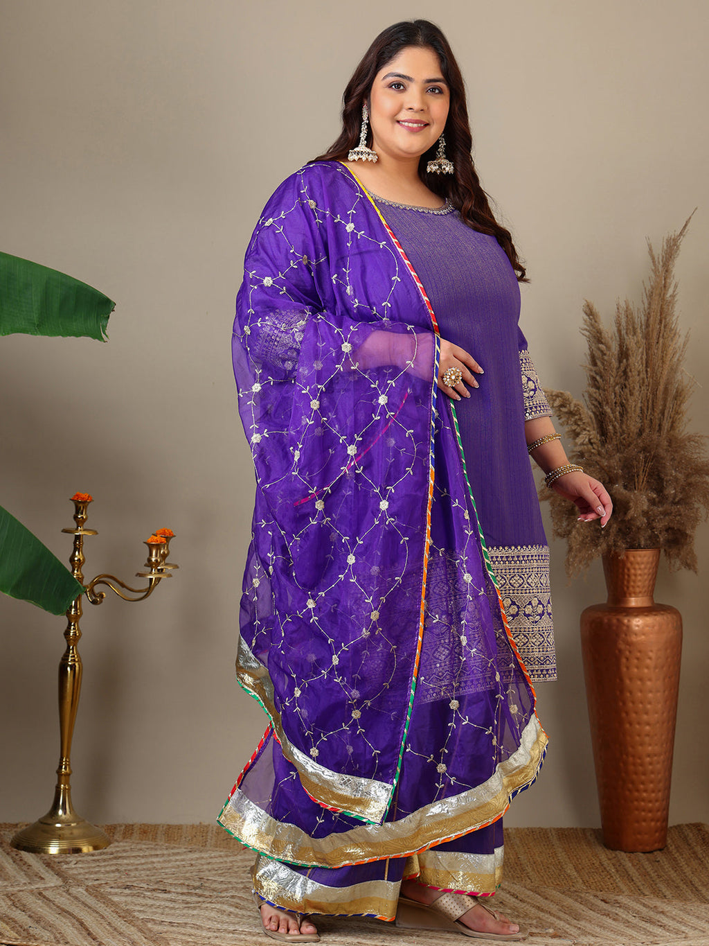 Women Plus Size Ethnic Motifs Embroidered Kurta with Sharara & Dupatta - ID