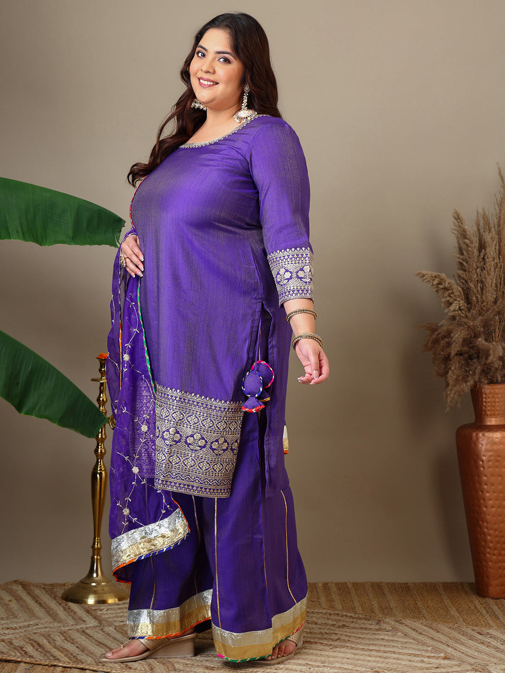 Women Plus Size Ethnic Motifs Embroidered Kurta with Sharara & Dupatta - ID