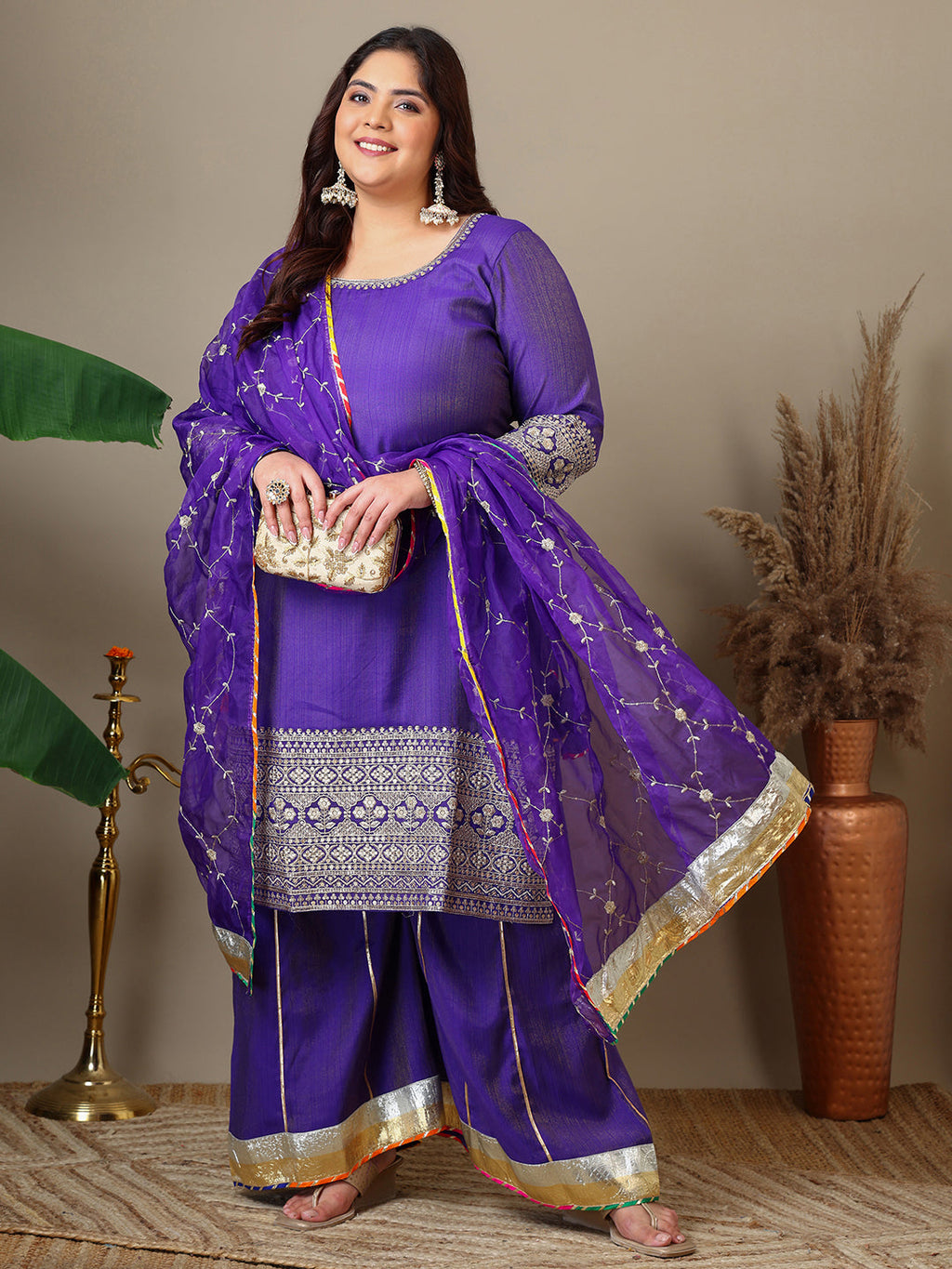 Women Plus Size Ethnic Motifs Embroidered Kurta with Sharara & Dupatta - ID