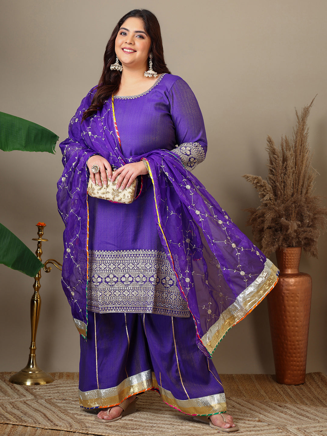 Women Plus Size Ethnic Motifs Embroidered Kurta with Sharara & Dupatta - ID