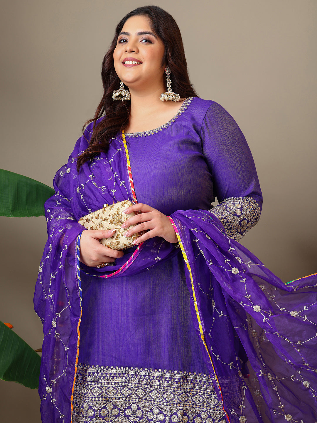Women Plus Size Ethnic Motifs Embroidered Kurta with Sharara & Dupatta - ID
