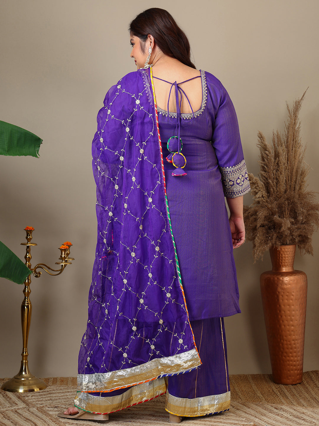 Women Plus Size Ethnic Motifs Embroidered Kurta with Sharara & Dupatta - ID