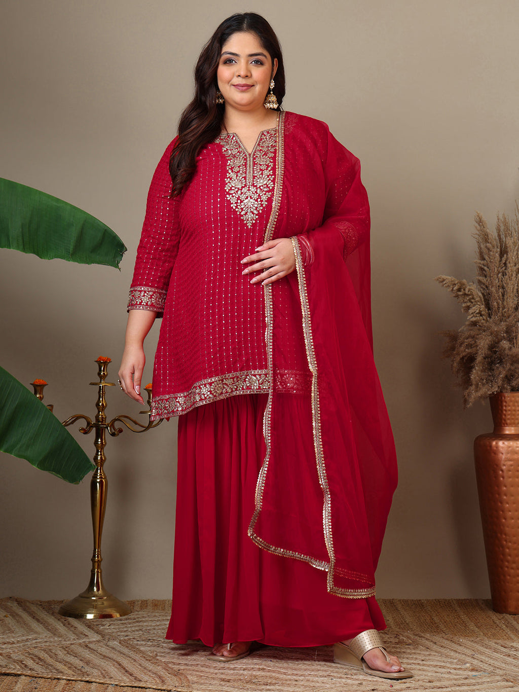 Women Ethnic Motifs Embroidered Regular Kurta with Sharara & With Dupatta - ID