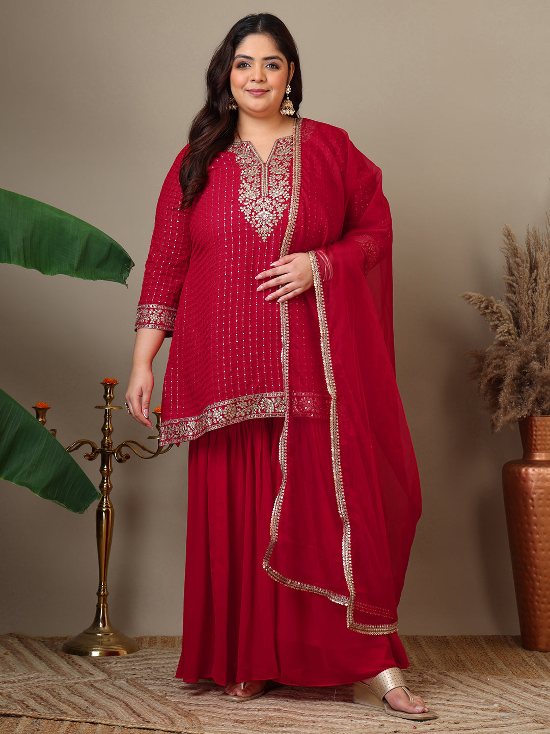 Women Ethnic Motifs Embroidered Regular Kurta with Sharara & With Dupatta - ID