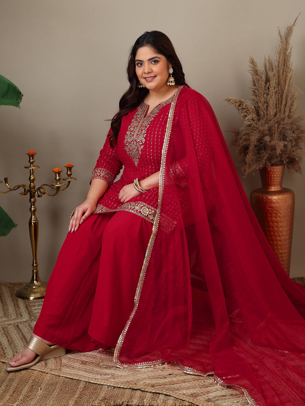 Women Ethnic Motifs Embroidered Regular Kurta with Sharara & With Dupatta - ID