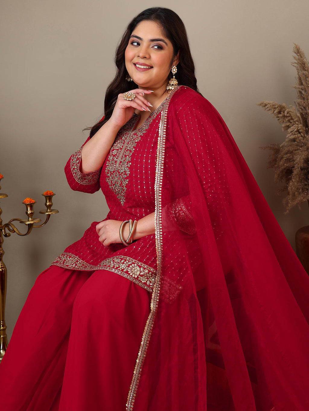 Women Ethnic Motifs Embroidered Regular Kurta with Sharara & With Dupatta - ID