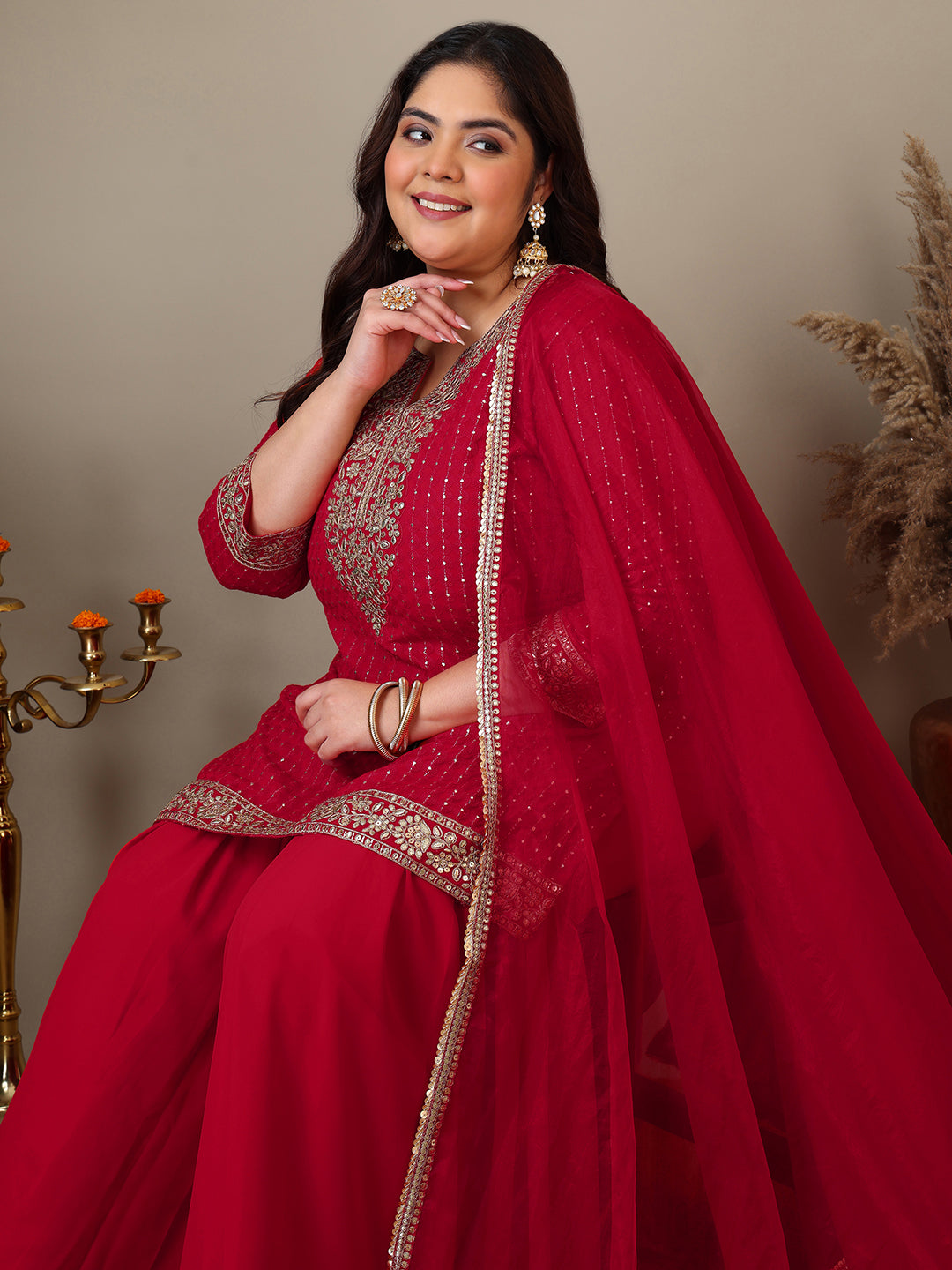 Women Ethnic Motifs Embroidered Regular Kurta with Sharara & With Dupatta - ID