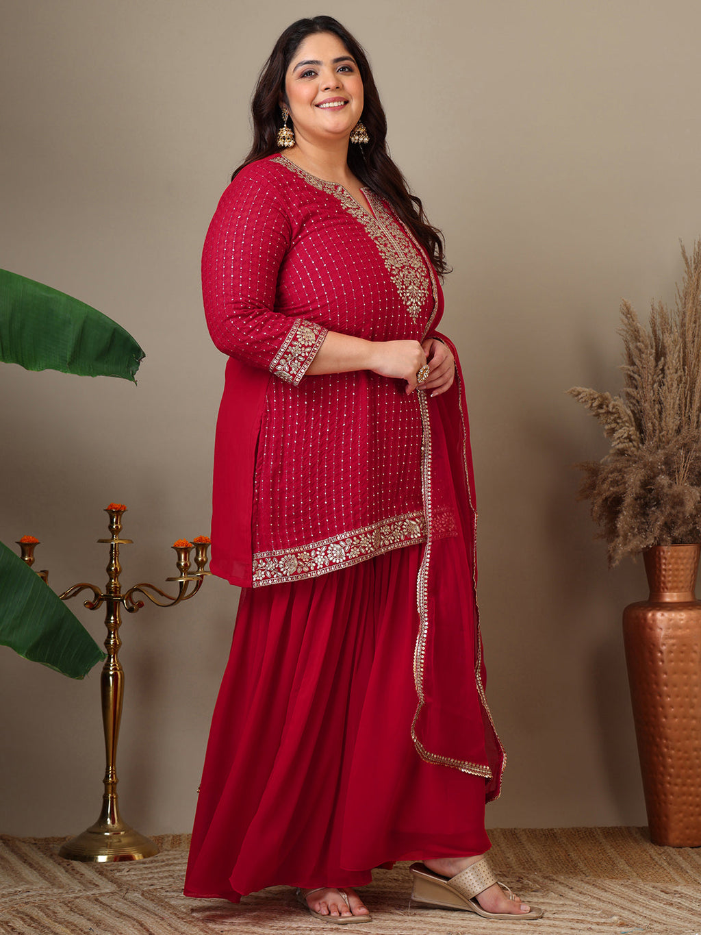 Women Ethnic Motifs Embroidered Regular Kurta with Sharara & With Dupatta - ID