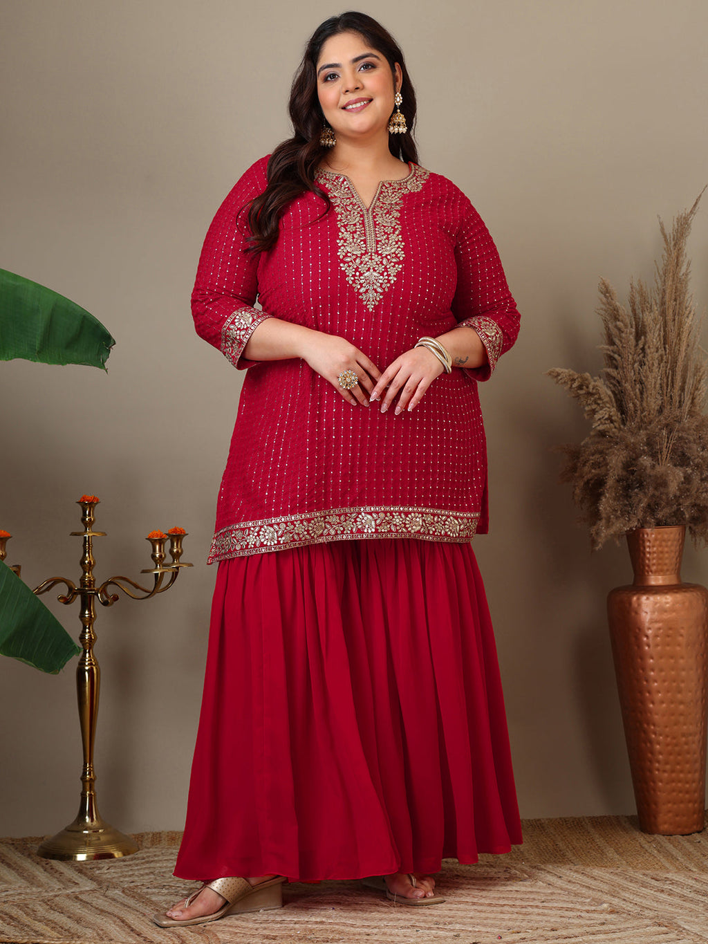 Women Ethnic Motifs Embroidered Regular Kurta with Sharara & With Dupatta - ID