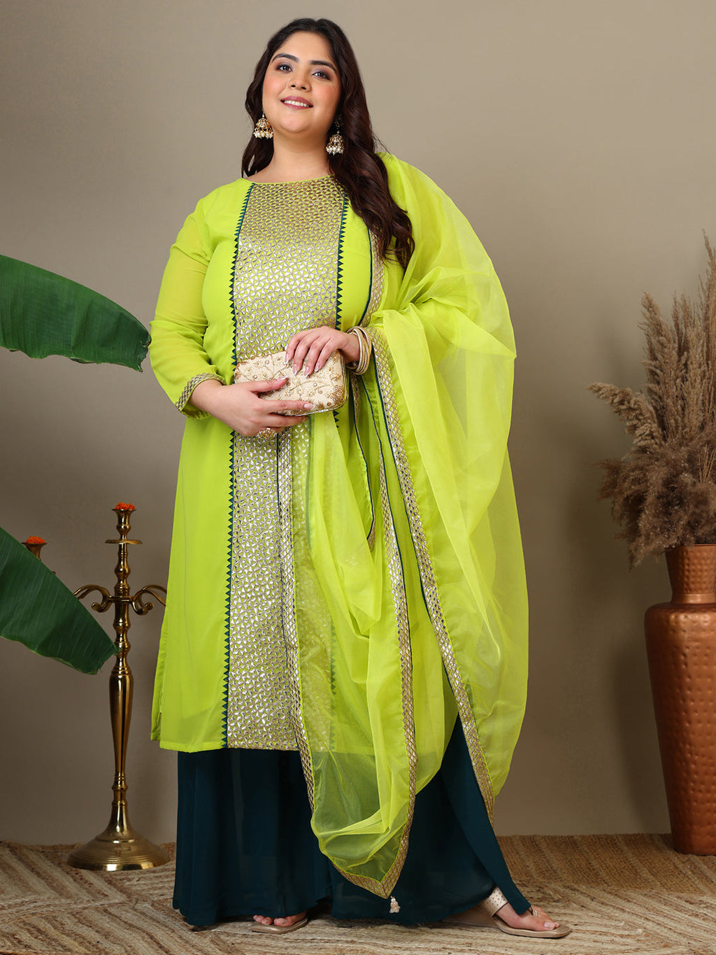 Women Plus Size Geometric Foil and Zari Embroidered Kurta Set with Dupatta - ID