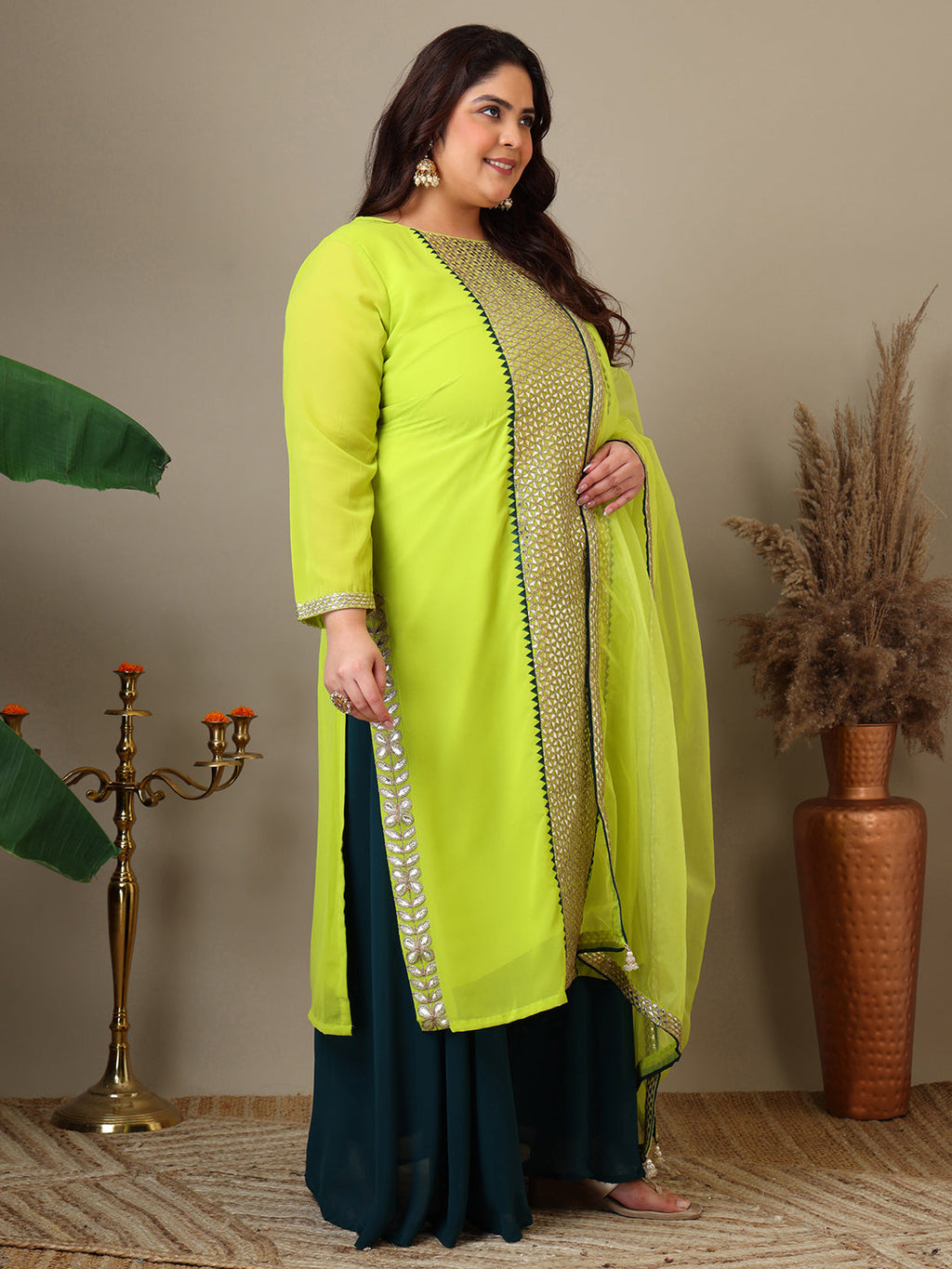 Women Plus Size Geometric Foil and Zari Embroidered Kurta Set with Dupatta - ID