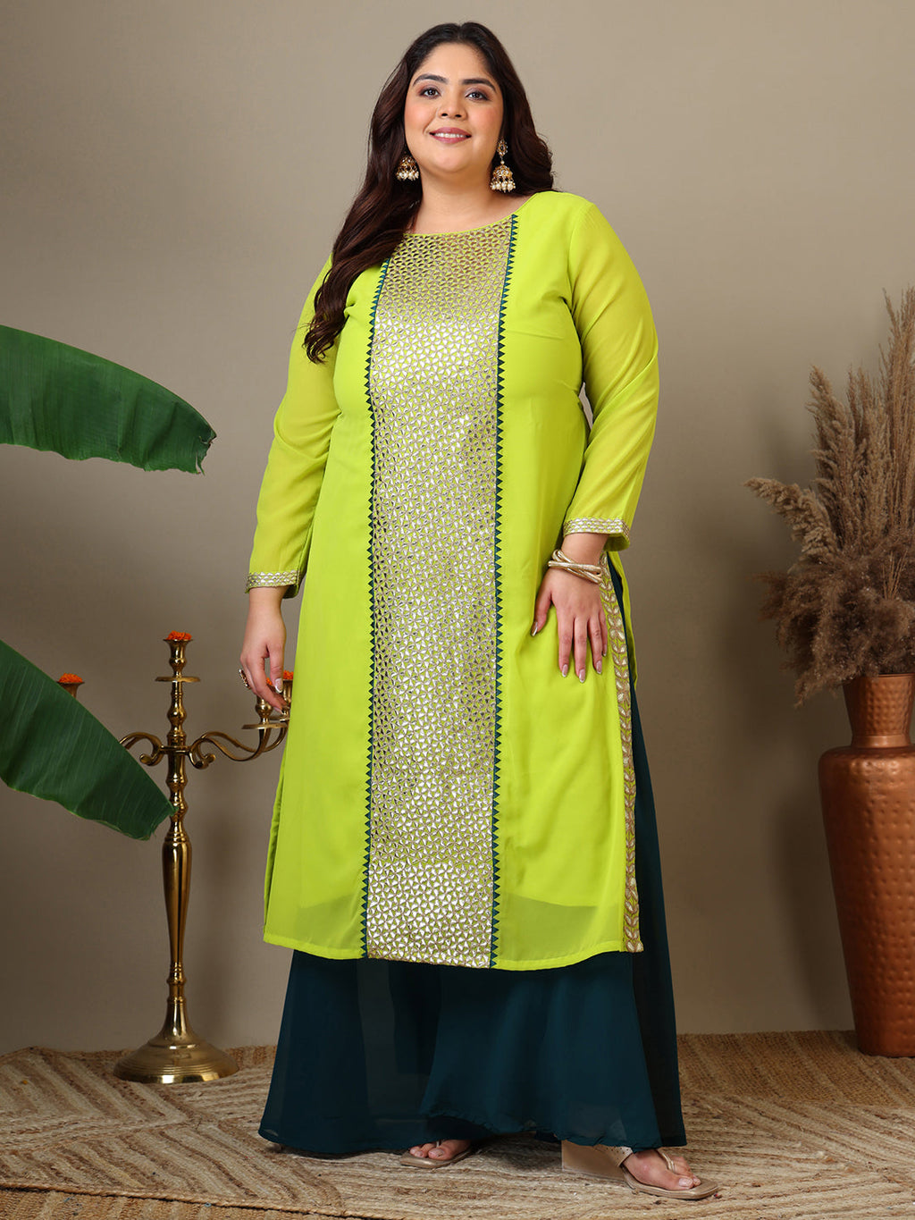 Women Plus Size Geometric Foil and Zari Embroidered Kurta Set with Dupatta - ID