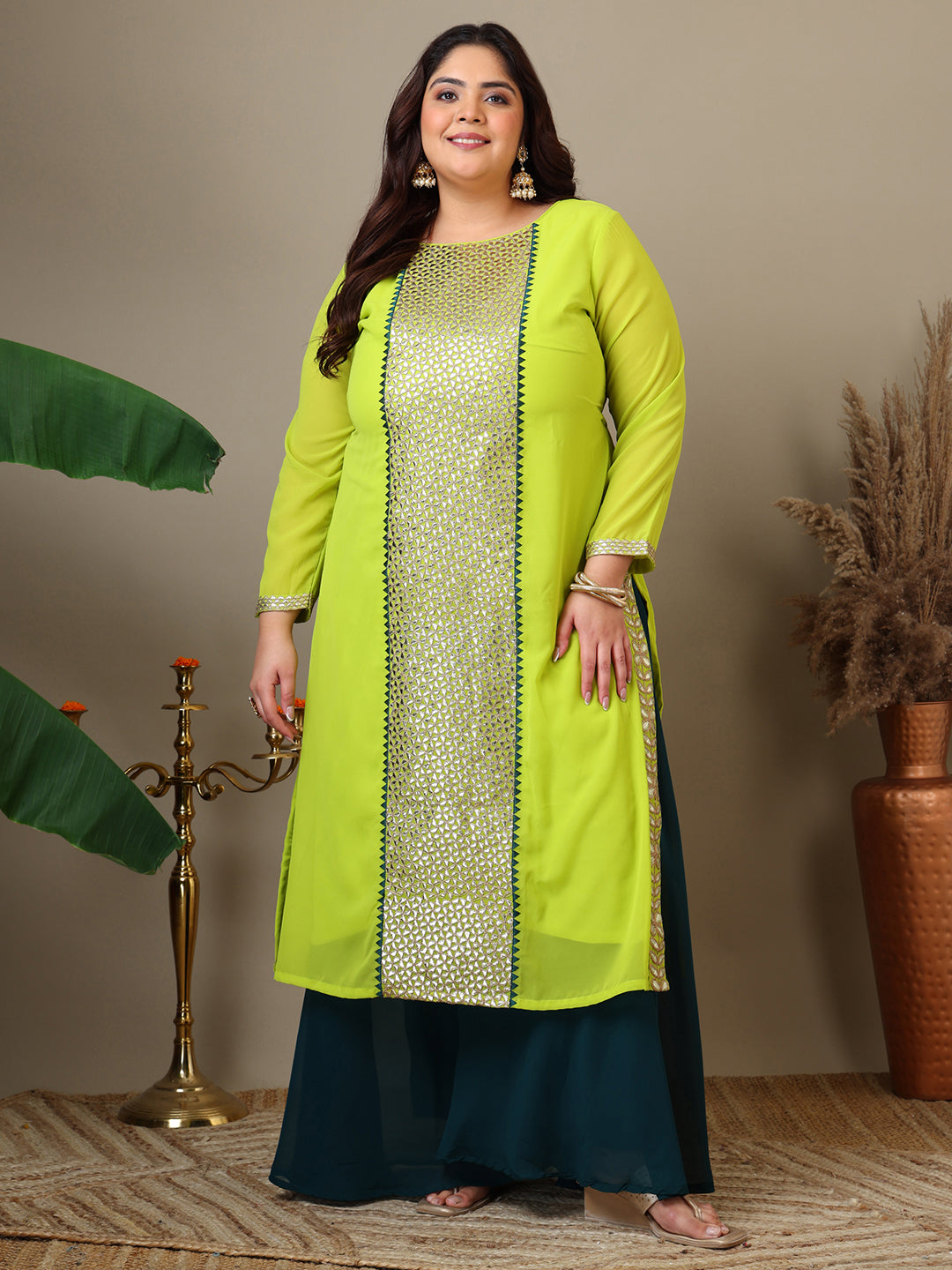 Women Plus Size Geometric Foil and Zari Embroidered Kurta Set with Dupatta - ID