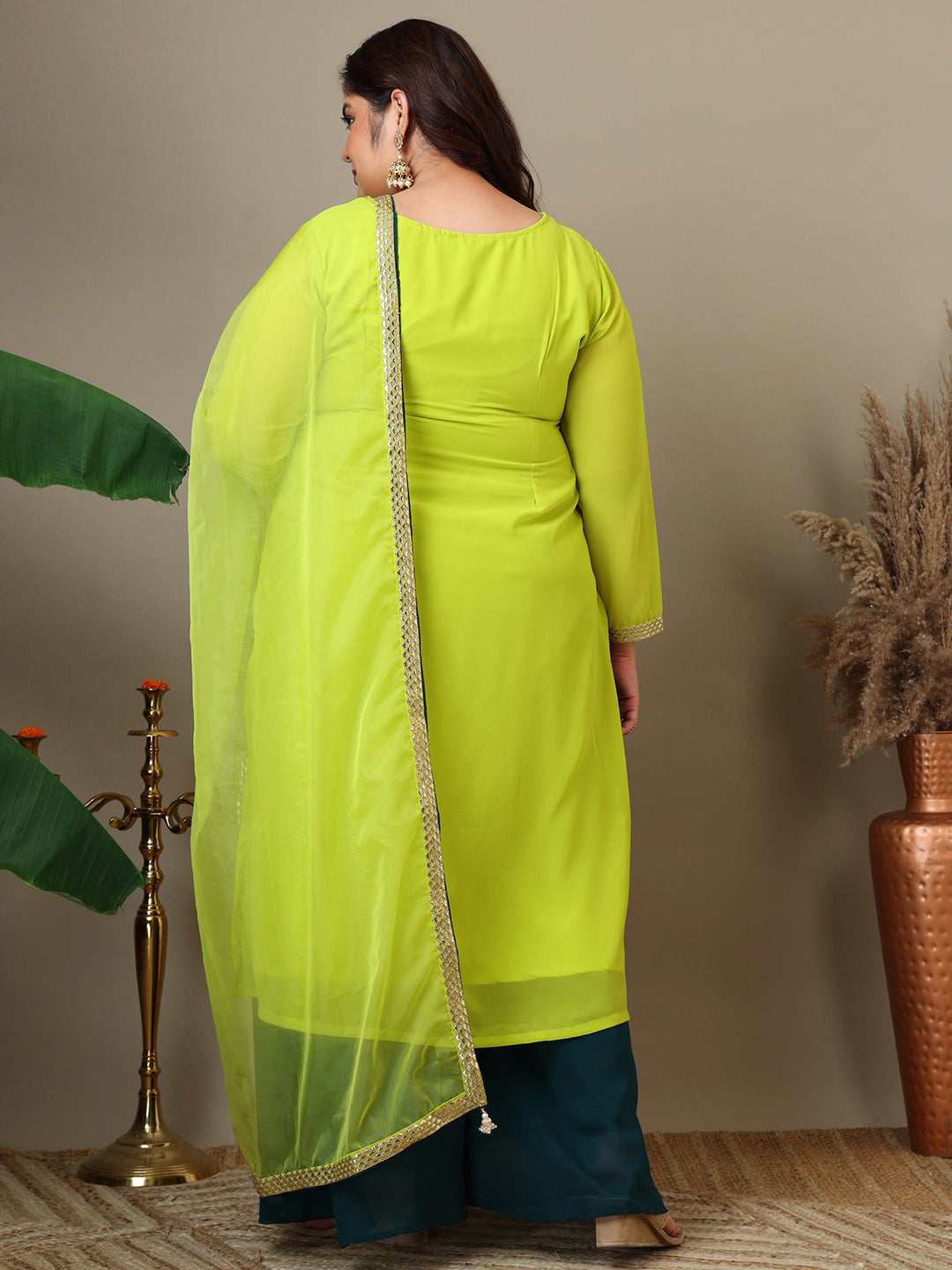 Women Plus Size Geometric Foil and Zari Embroidered Kurta Set with Dupatta - ID