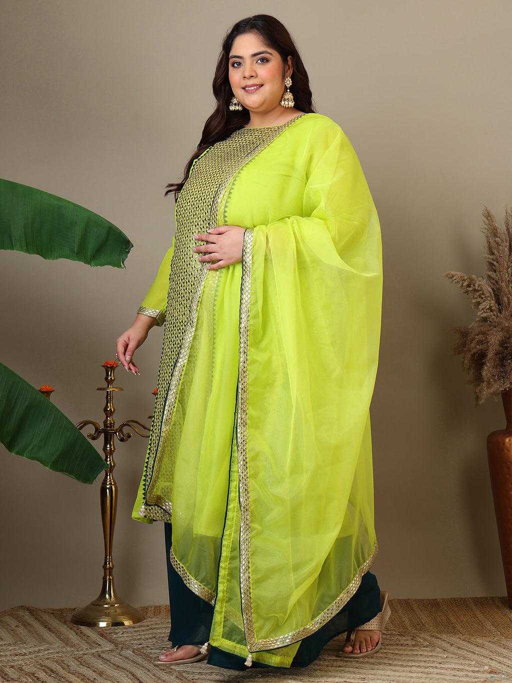 Women Plus Size Geometric Foil and Zari Embroidered Kurta Set with Dupatta - ID