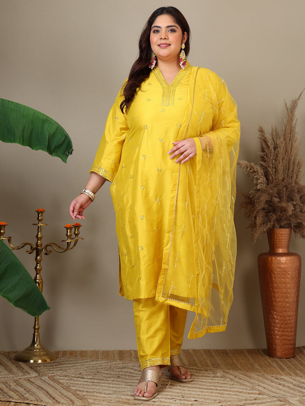 Women Floral Embroidered Regular Sequinned Kurta with Trousers & Dupatta - ID