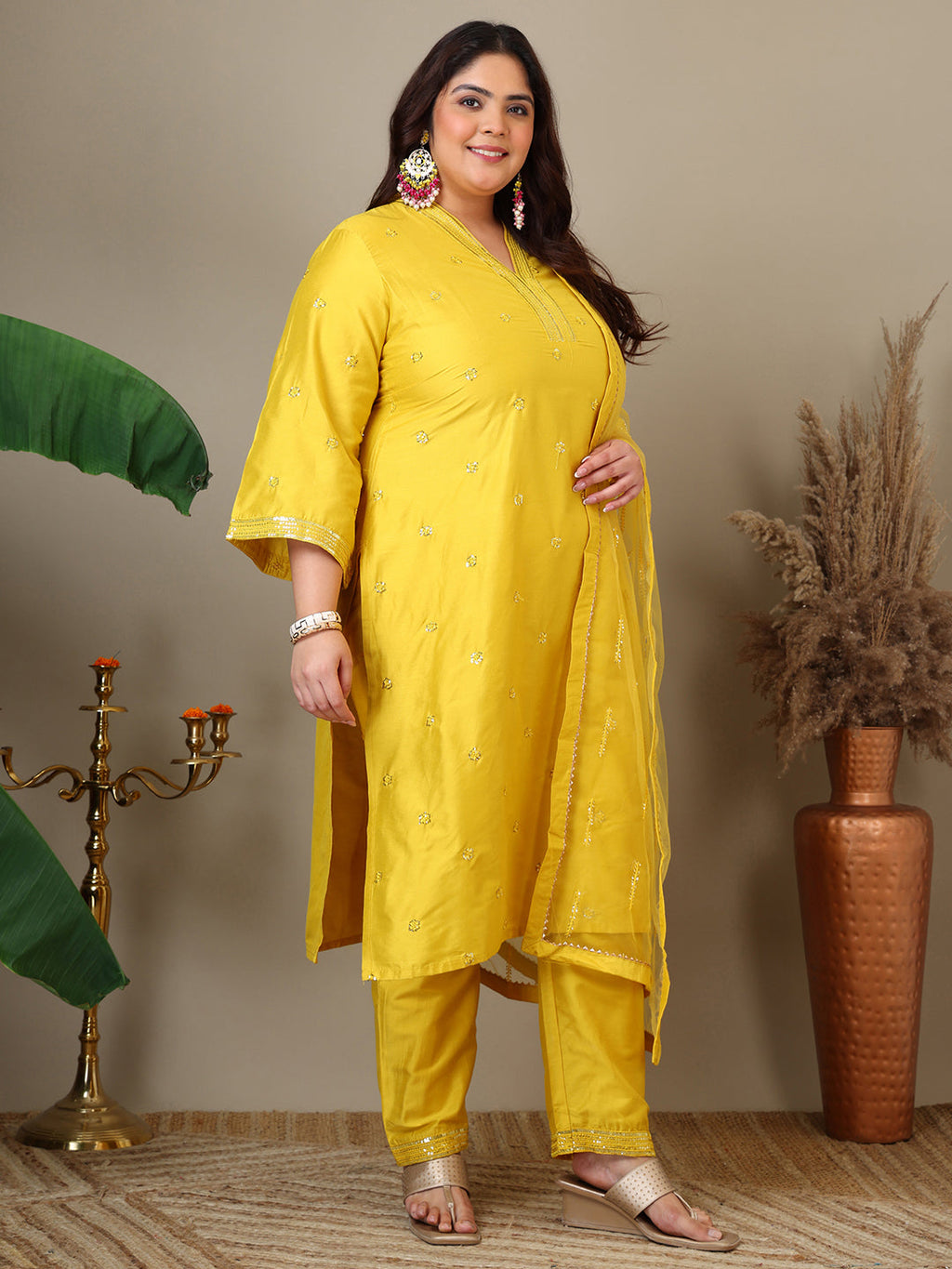 Women Floral Embroidered Regular Sequinned Kurta with Trousers & Dupatta - ID