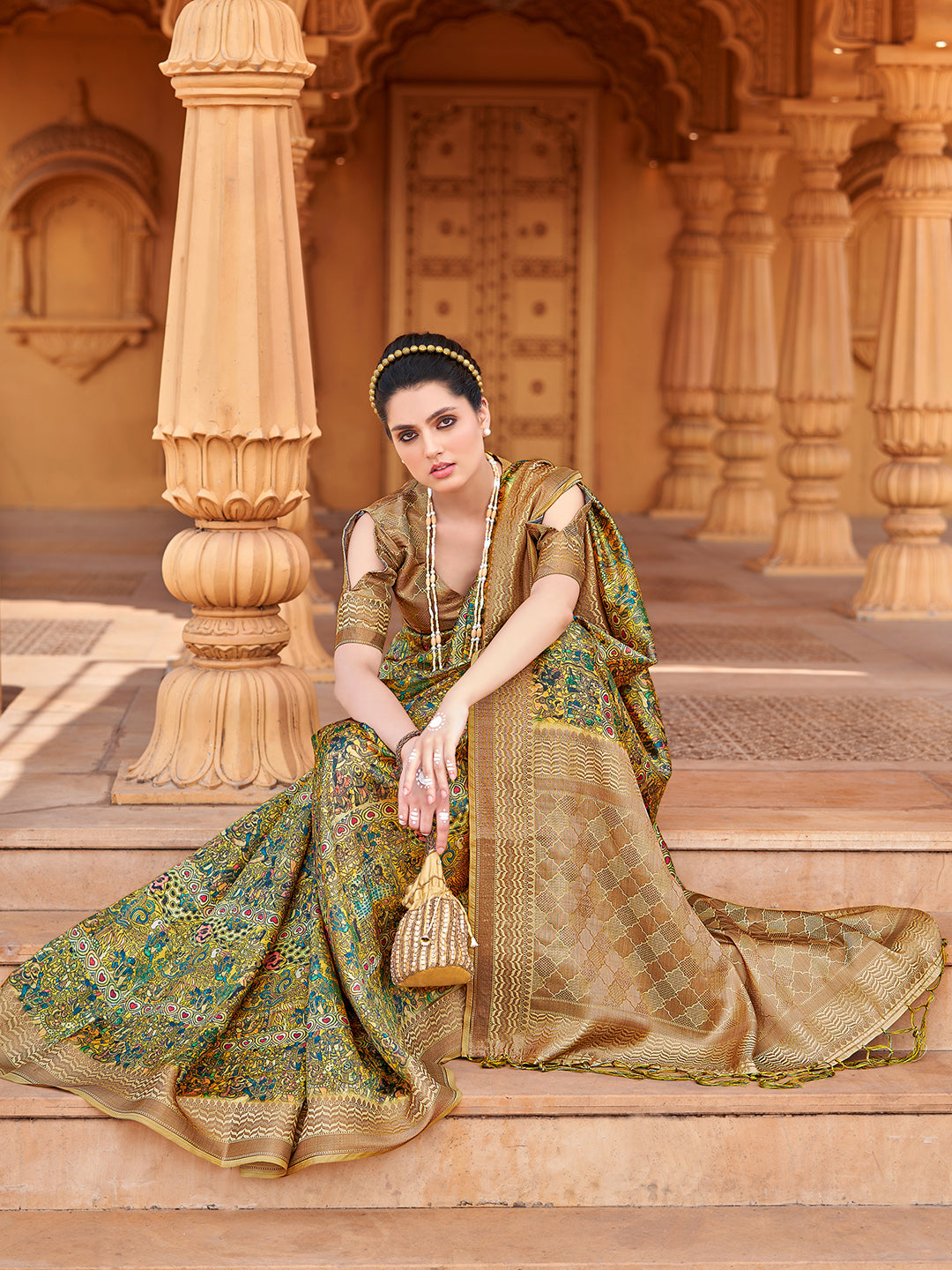 Silk Blend Yellow Woven Design Designer Saree With Blouse