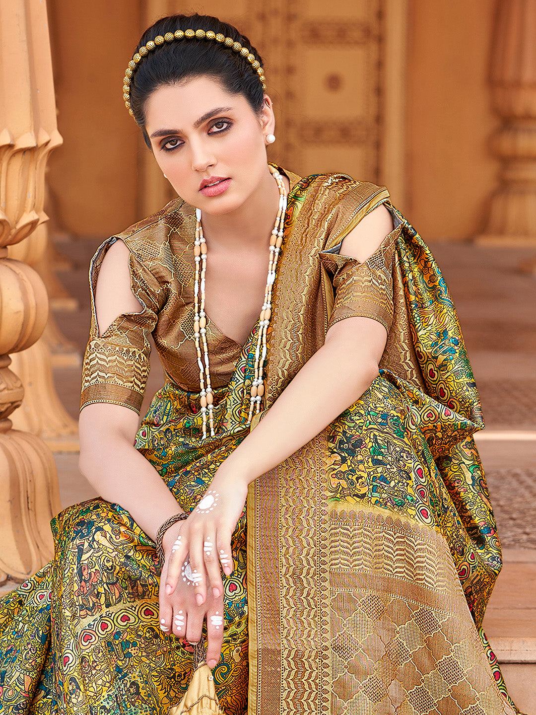 Silk Blend Yellow Woven Design Designer Saree With Blouse