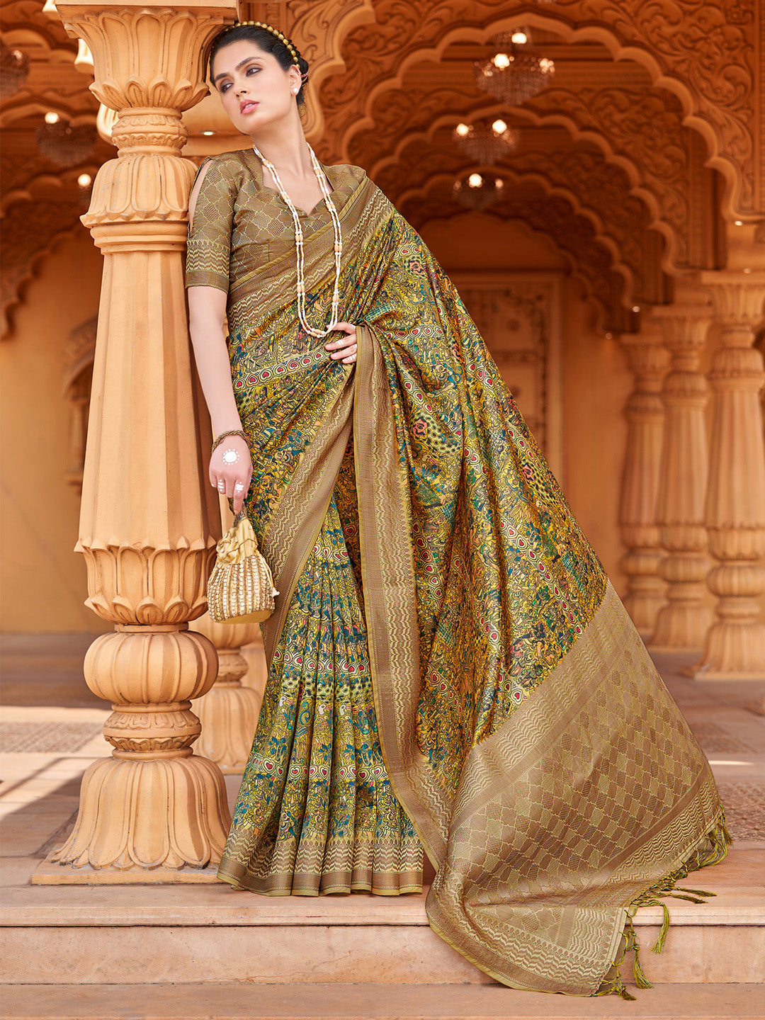 Silk Blend Yellow Woven Design Designer Saree With Blouse