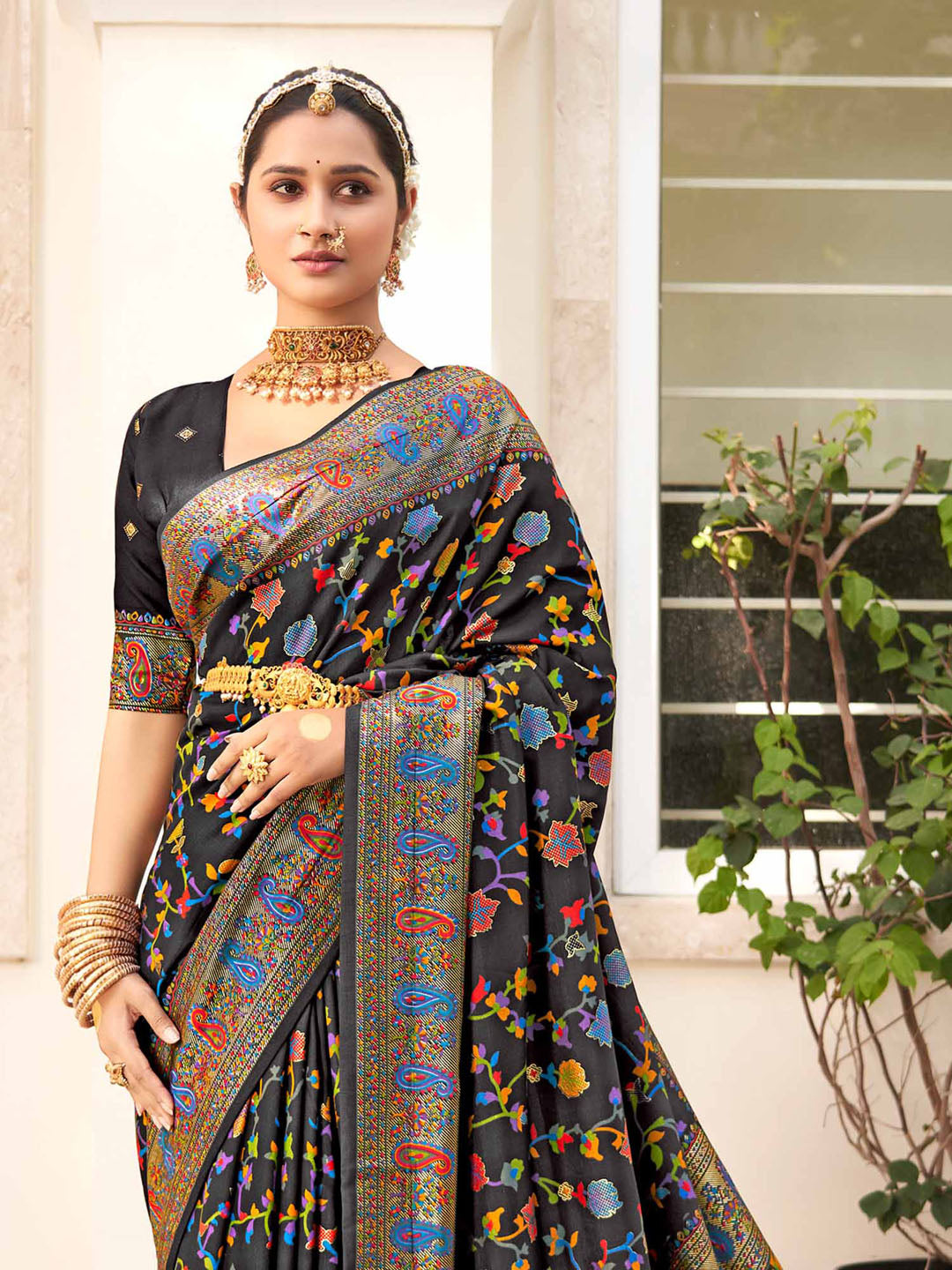 Dola Silk Black Printed Designer Saree With Blouse