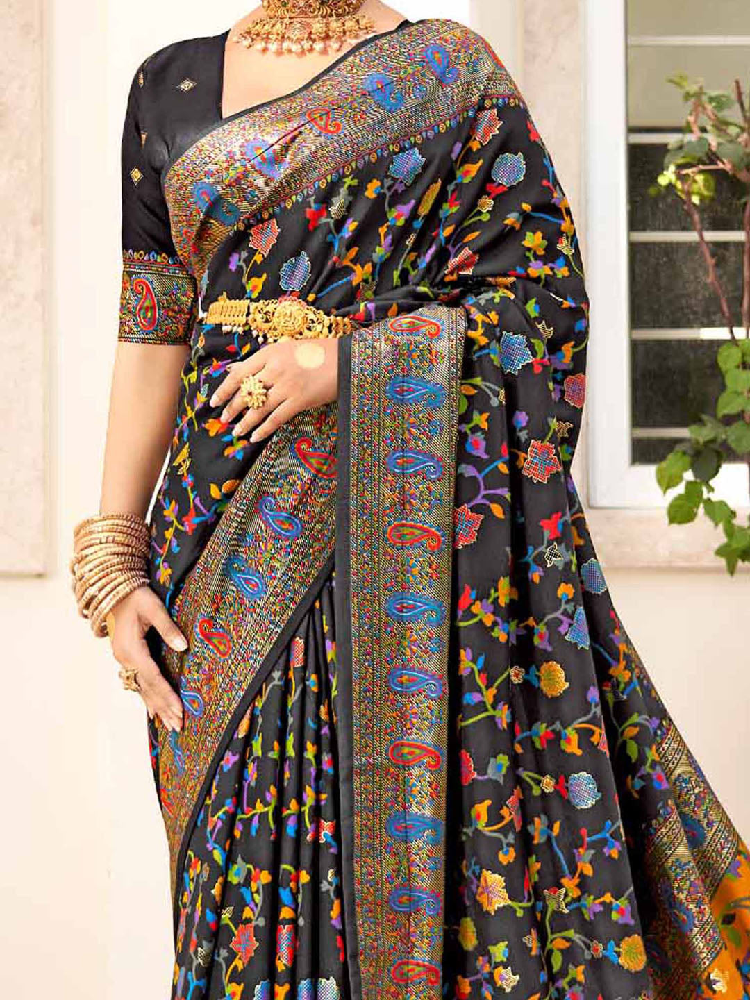 Dola Silk Black Printed Designer Saree With Blouse