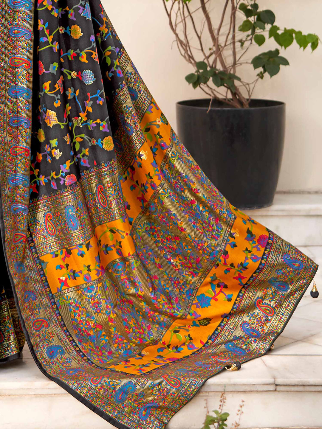 Dola Silk Black Printed Designer Saree With Blouse