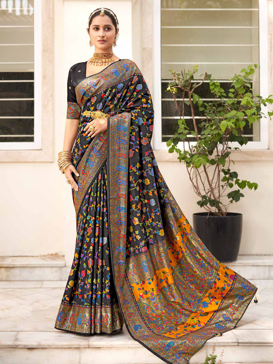 Dola Silk Black Printed Designer Saree With Blouse