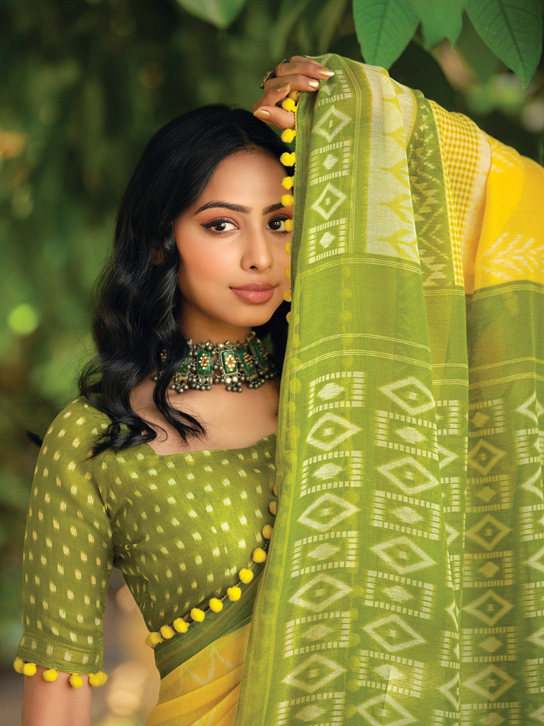 Cotton Blend Yellow Printed Designer Saree With Blouse