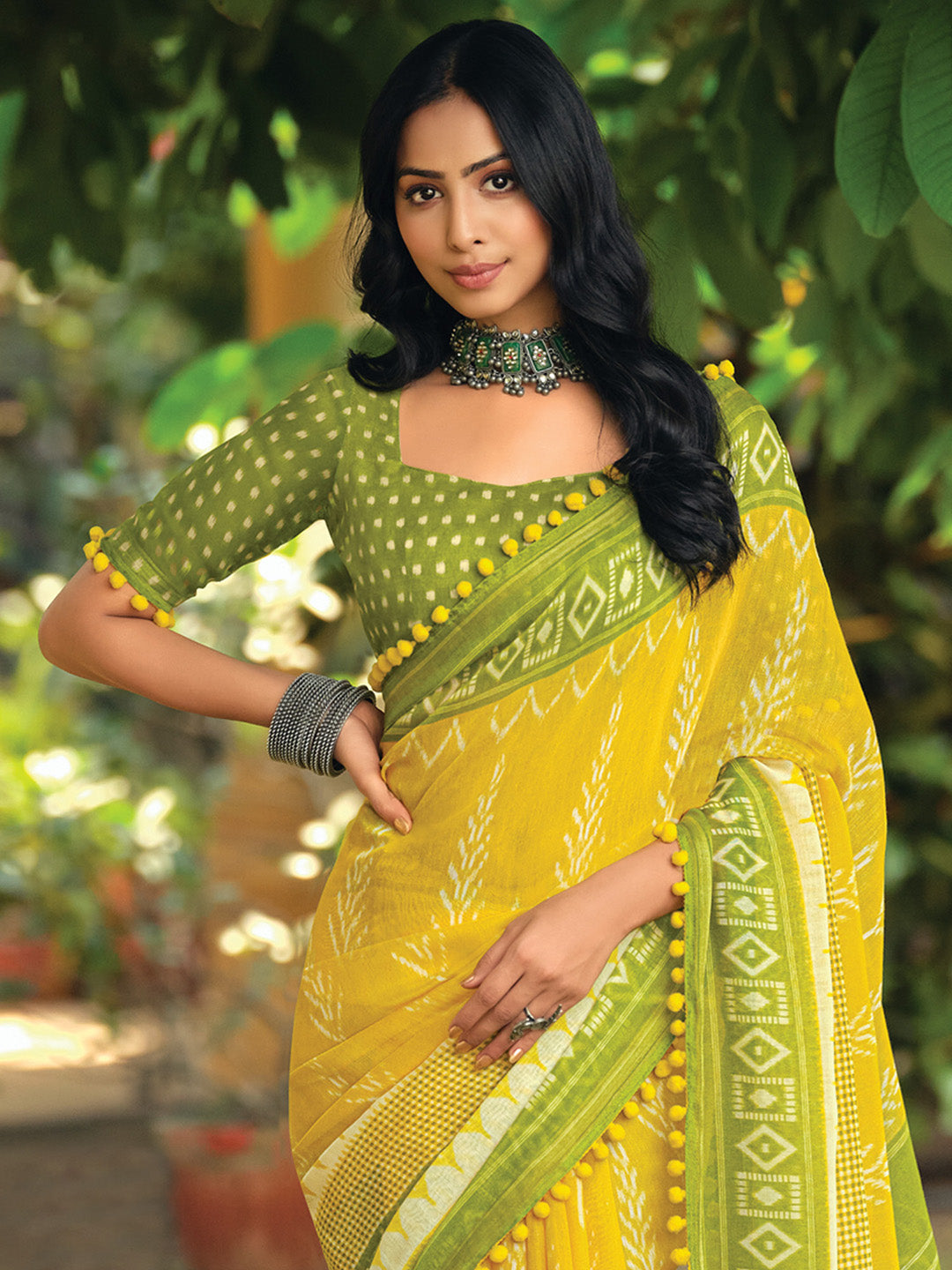 Cotton Blend Yellow Printed Designer Saree With Blouse