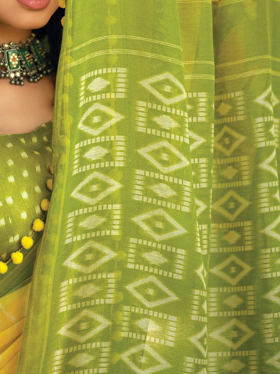 Cotton Blend Yellow Printed Designer Saree With Blouse