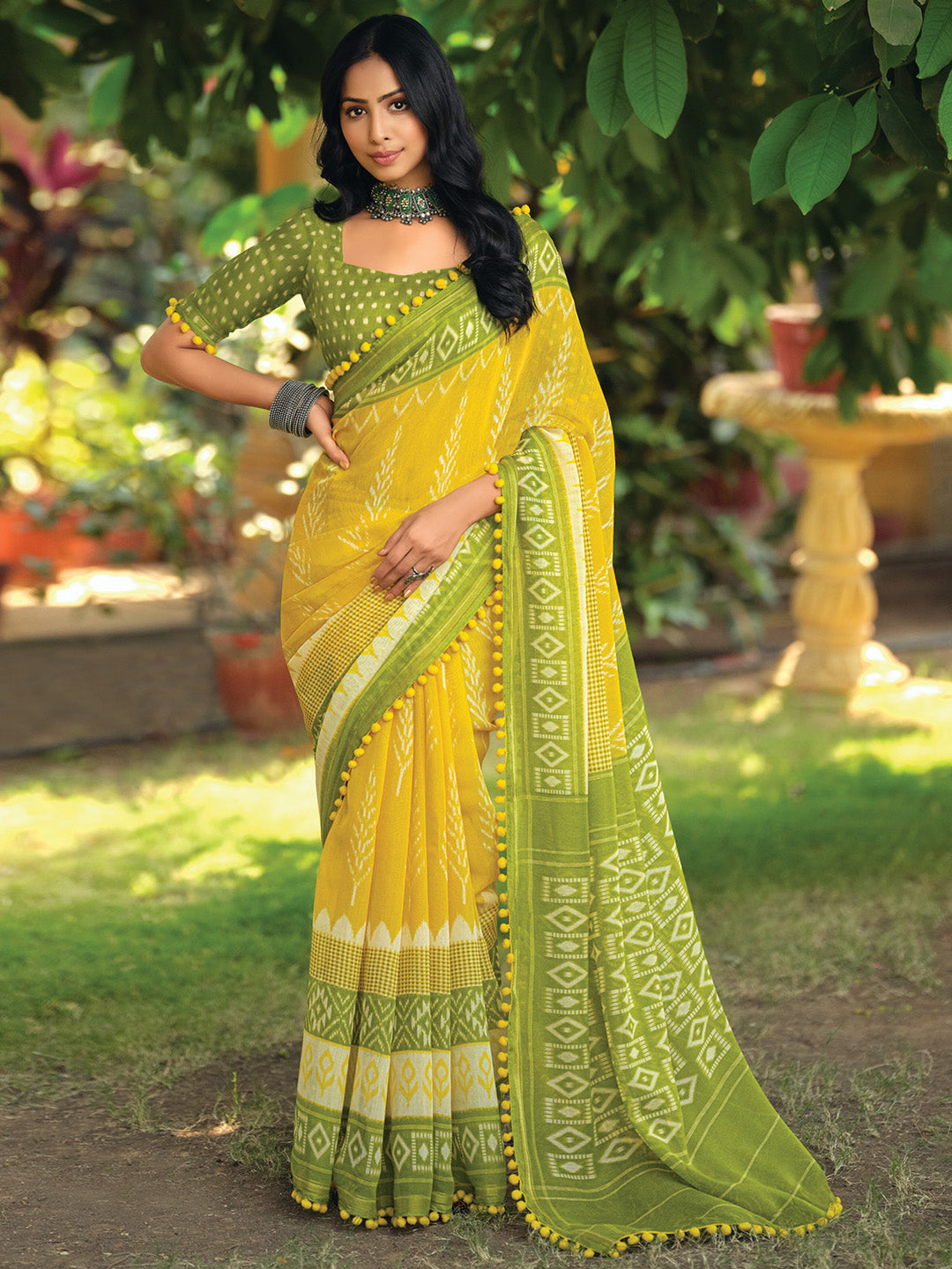 Cotton Blend Yellow Printed Designer Saree With Blouse