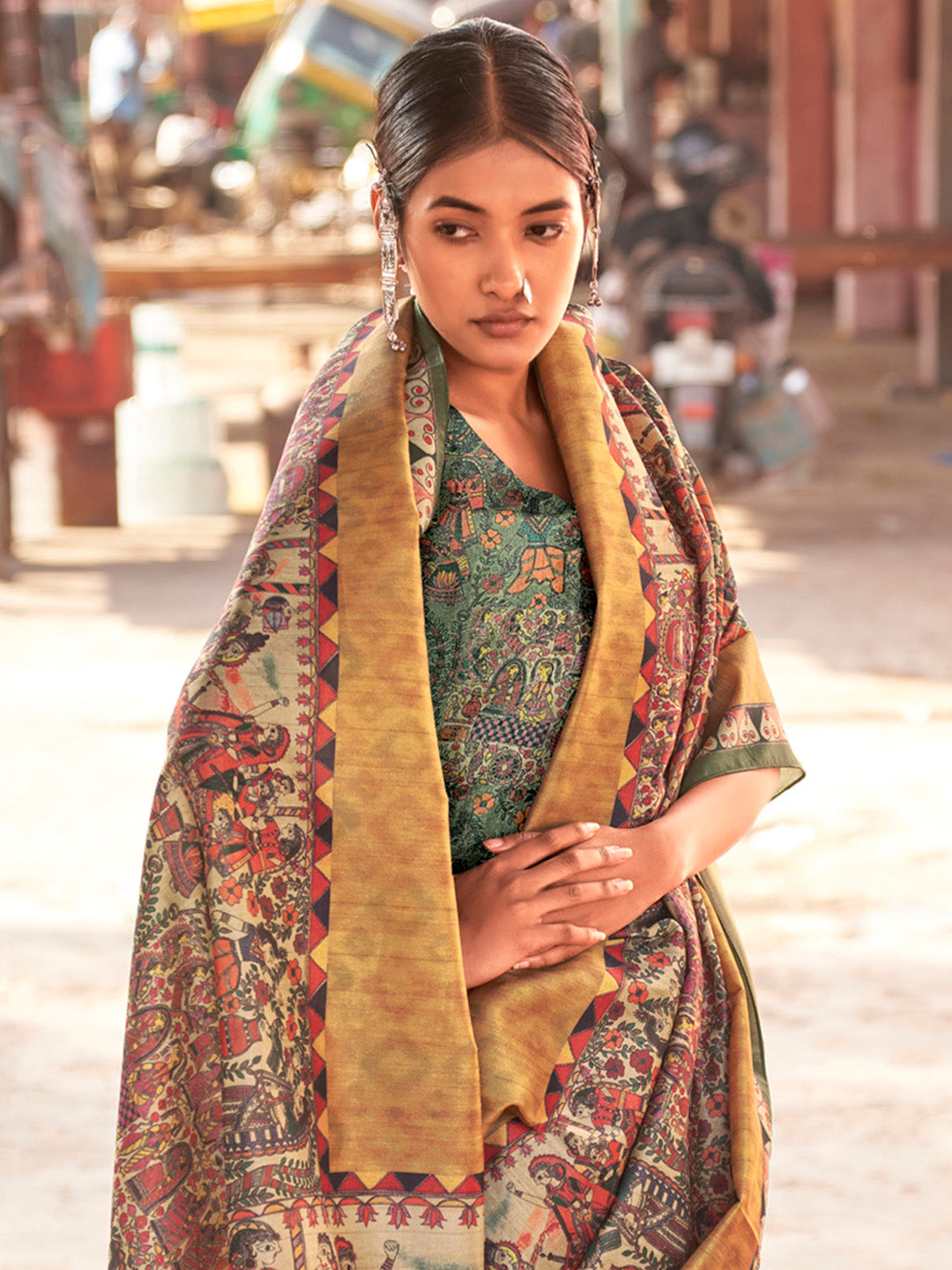 Silk Blend Beige Printed Designer Saree With Blouse