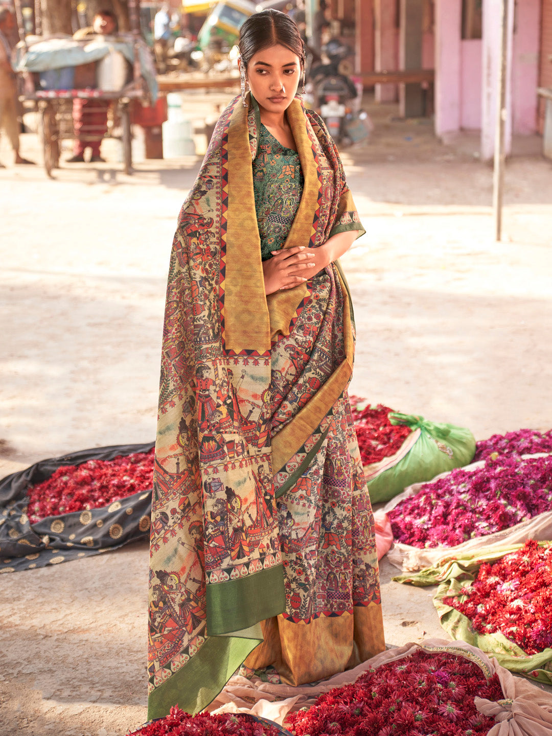 Silk Blend Beige Printed Designer Saree With Blouse