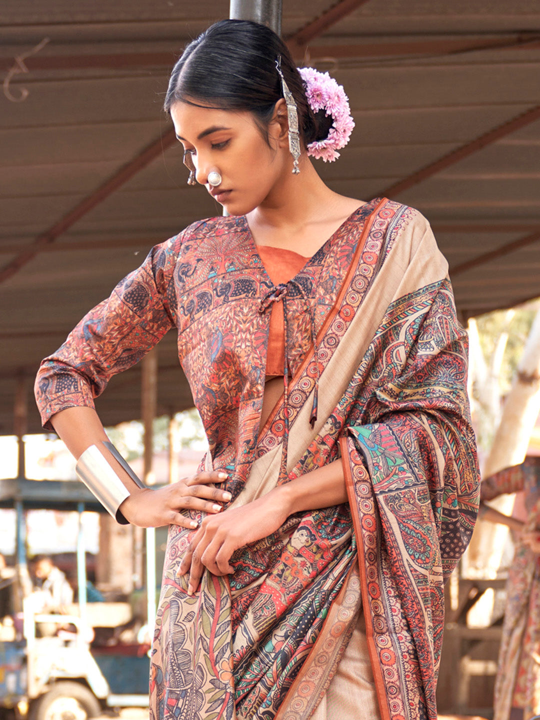 Silk Blend Beige Printed Designer Saree With Blouse