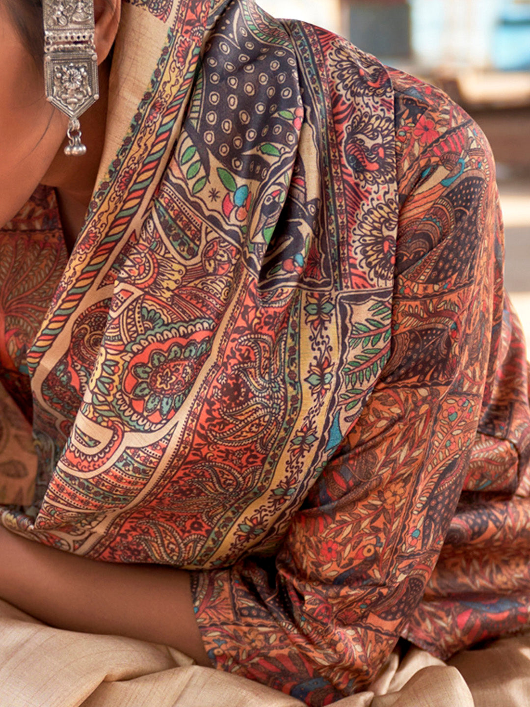 Silk Blend Beige Printed Designer Saree With Blouse