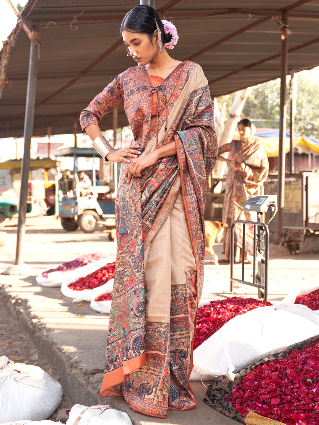 Silk Blend Beige Printed Designer Saree With Blouse