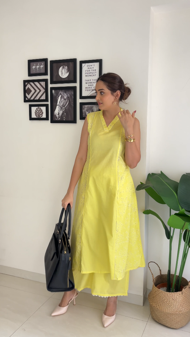 Yellow Printed Pure Cotton Kurta Palazzo Set-AH