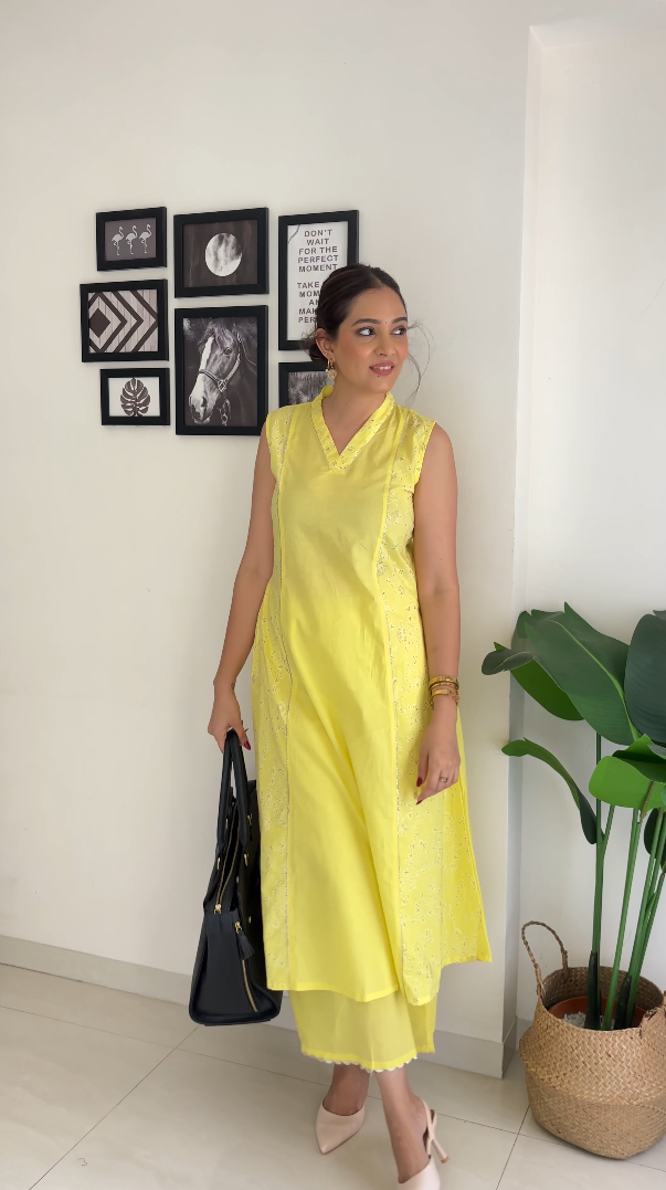 Yellow Printed Pure Cotton Kurta Palazzo Set-AH