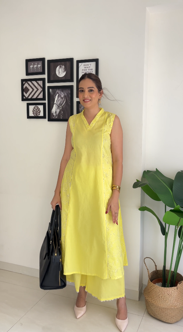 Yellow Printed Pure Cotton Kurta Palazzo Set-AH