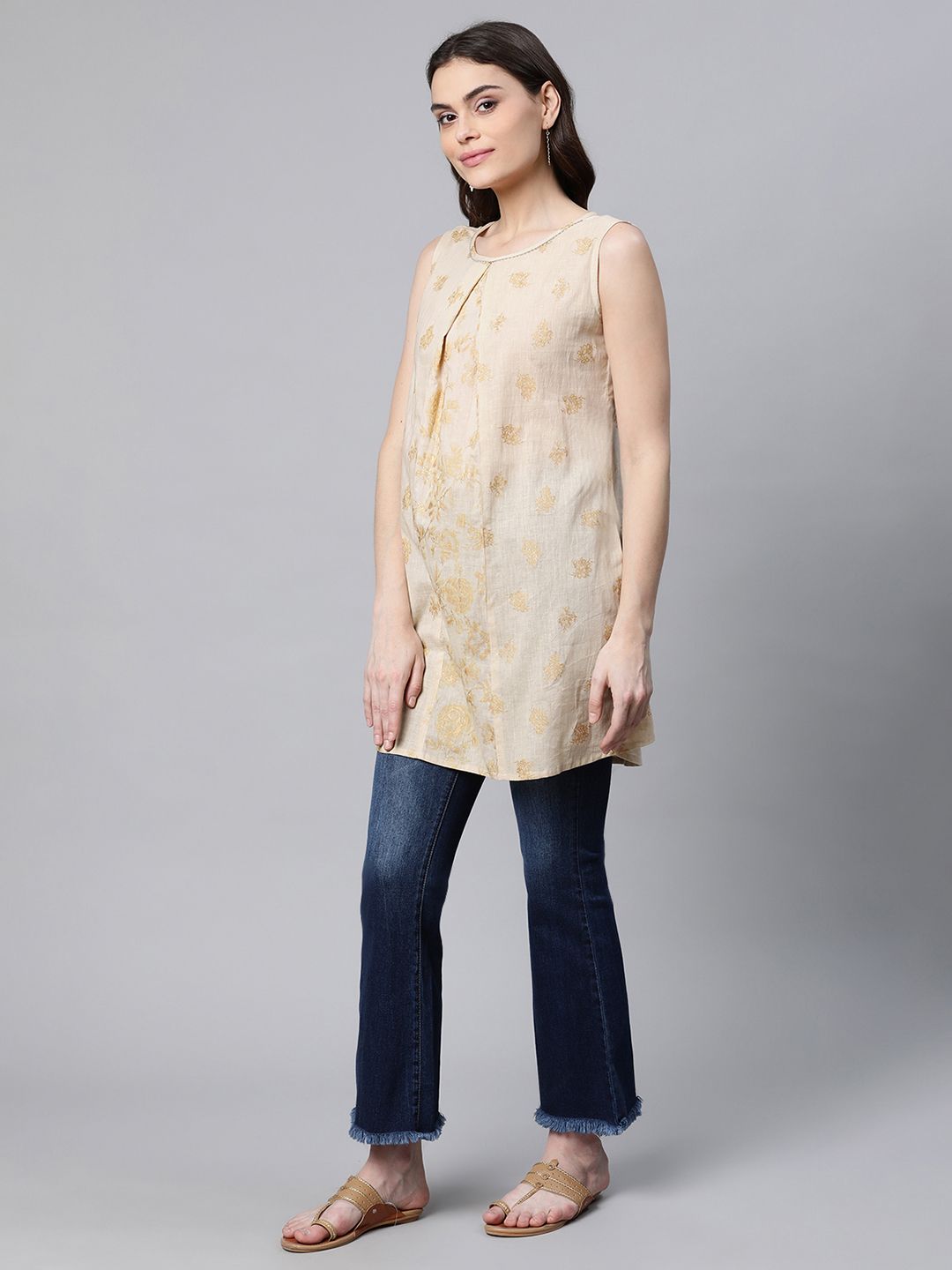 Beige Pure Cotton Floral Printed Tunic