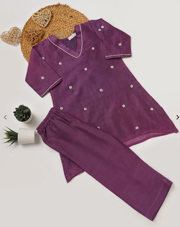 Purple bead work chanderi silk kurta with pants - set of 2