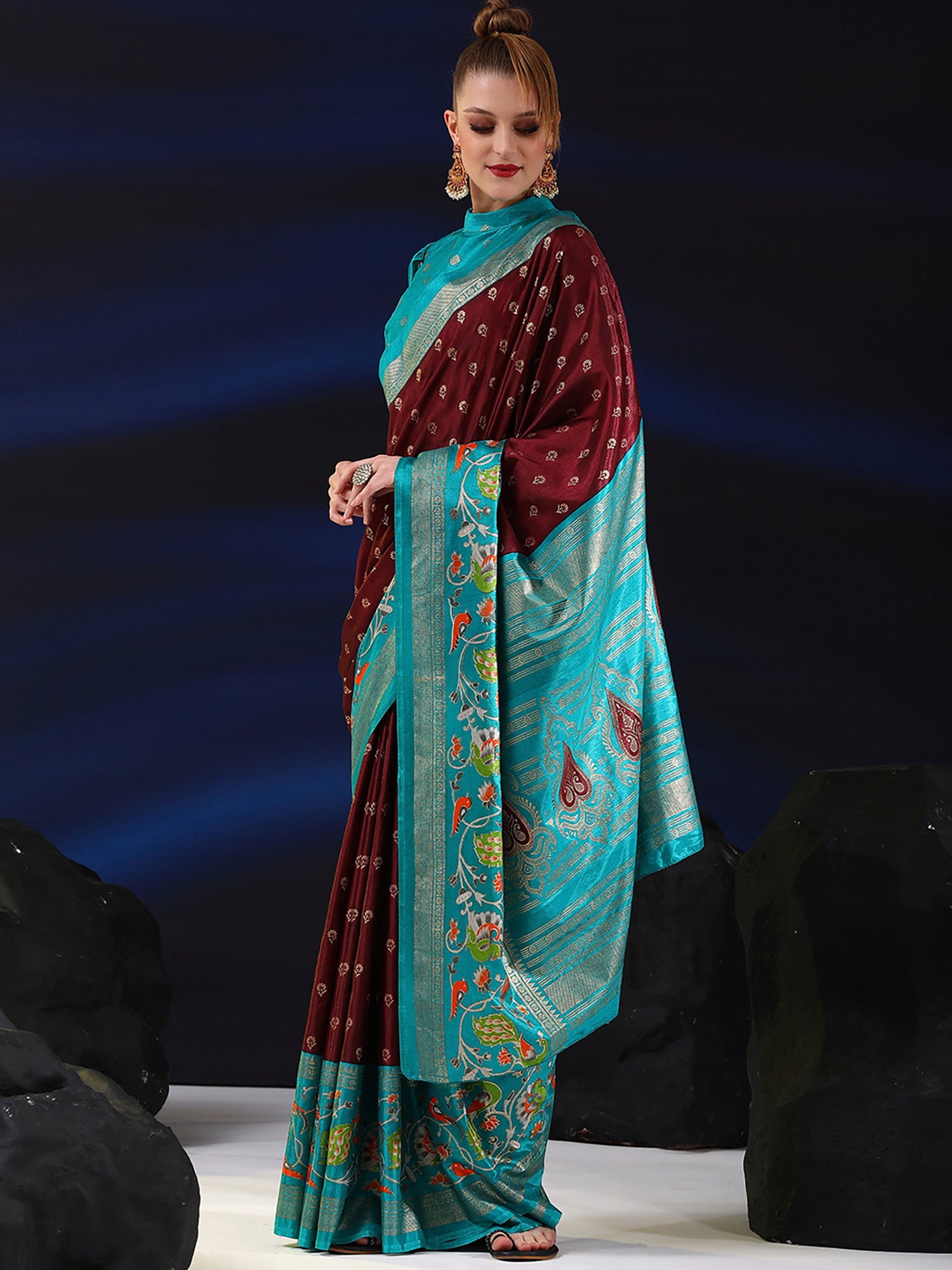 Dola Silk Brown Printed Designer Saree With Blouse