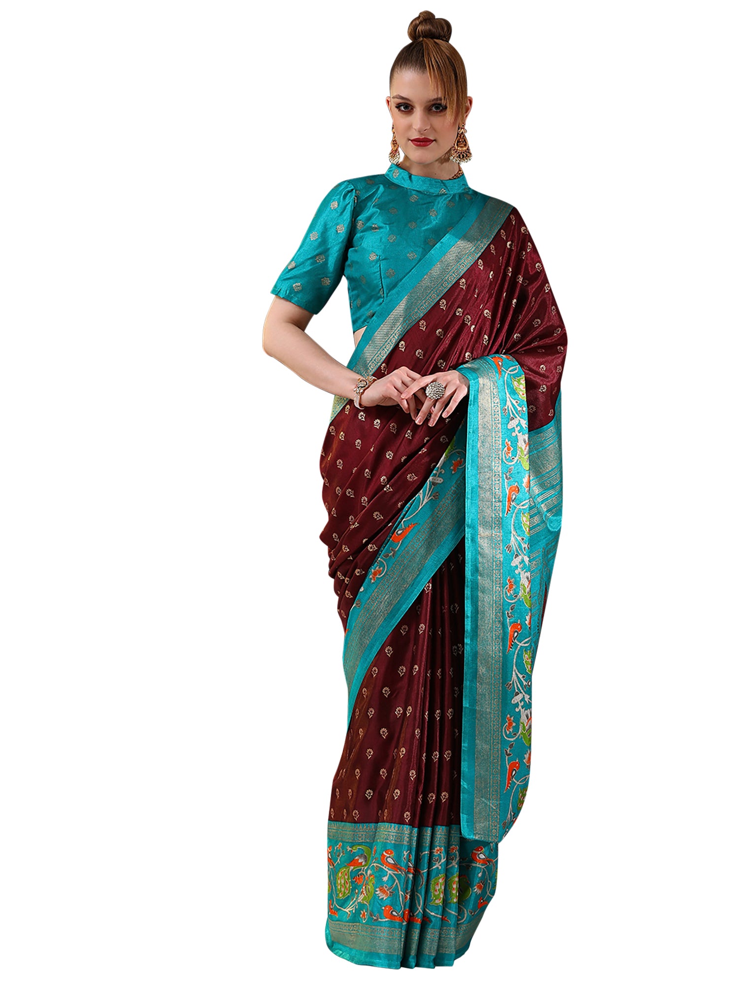 Dola Silk Brown Printed Designer Saree With Blouse