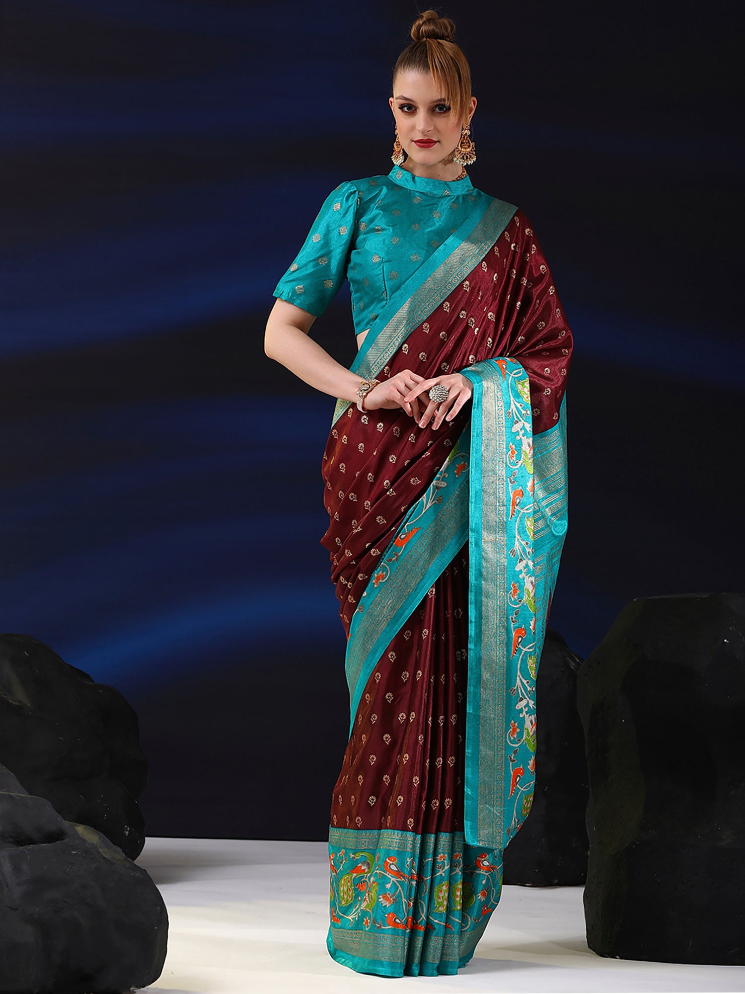 Dola Silk Brown Printed Designer Saree With Blouse
