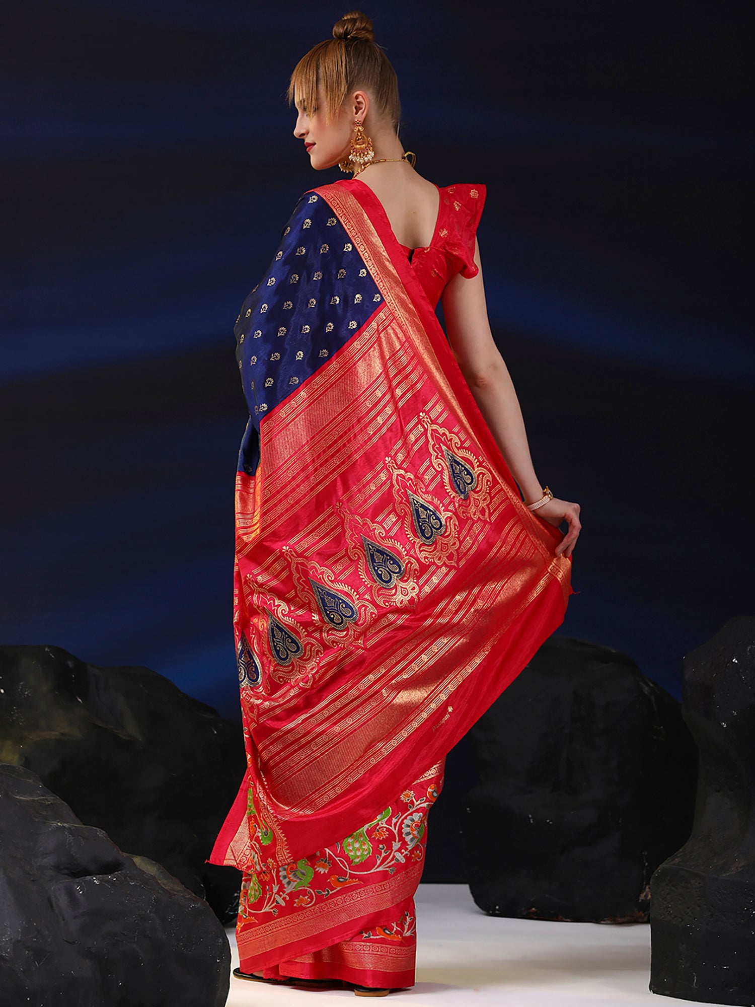 Dola Silk Navy Blue Printed Designer Saree With Blouse