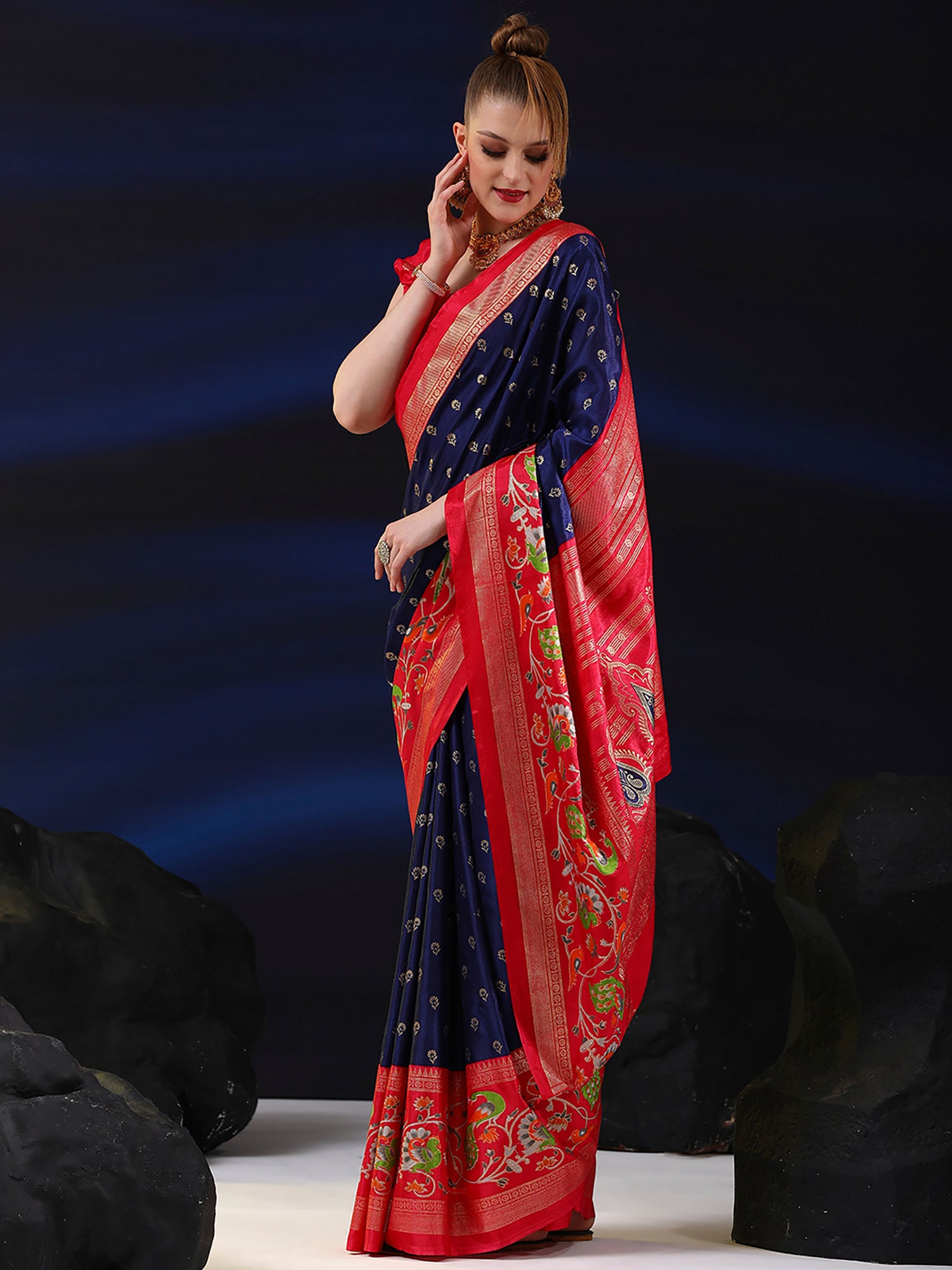 Dola Silk Navy Blue Printed Designer Saree With Blouse