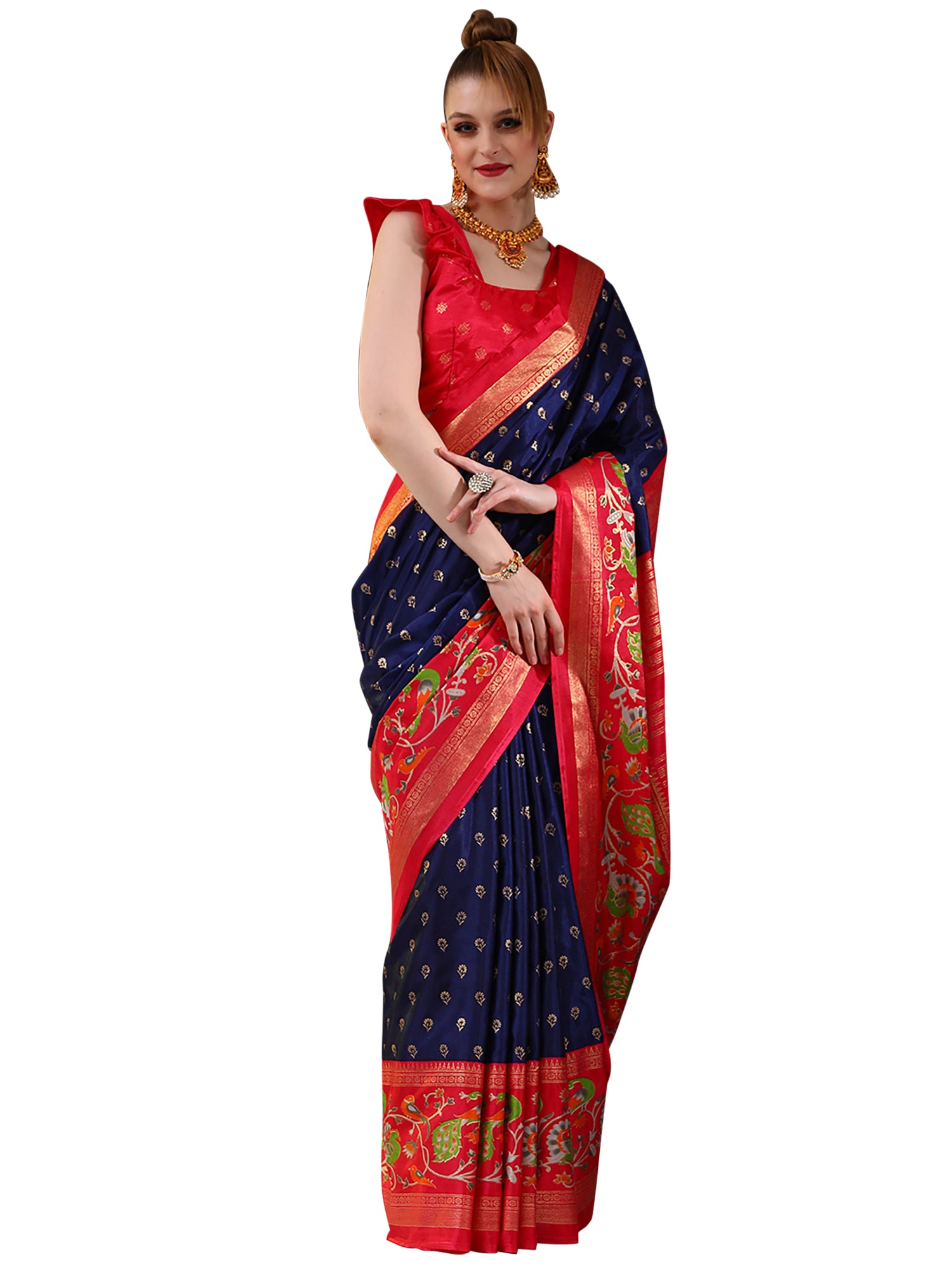 Dola Silk Navy Blue Printed Designer Saree With Blouse