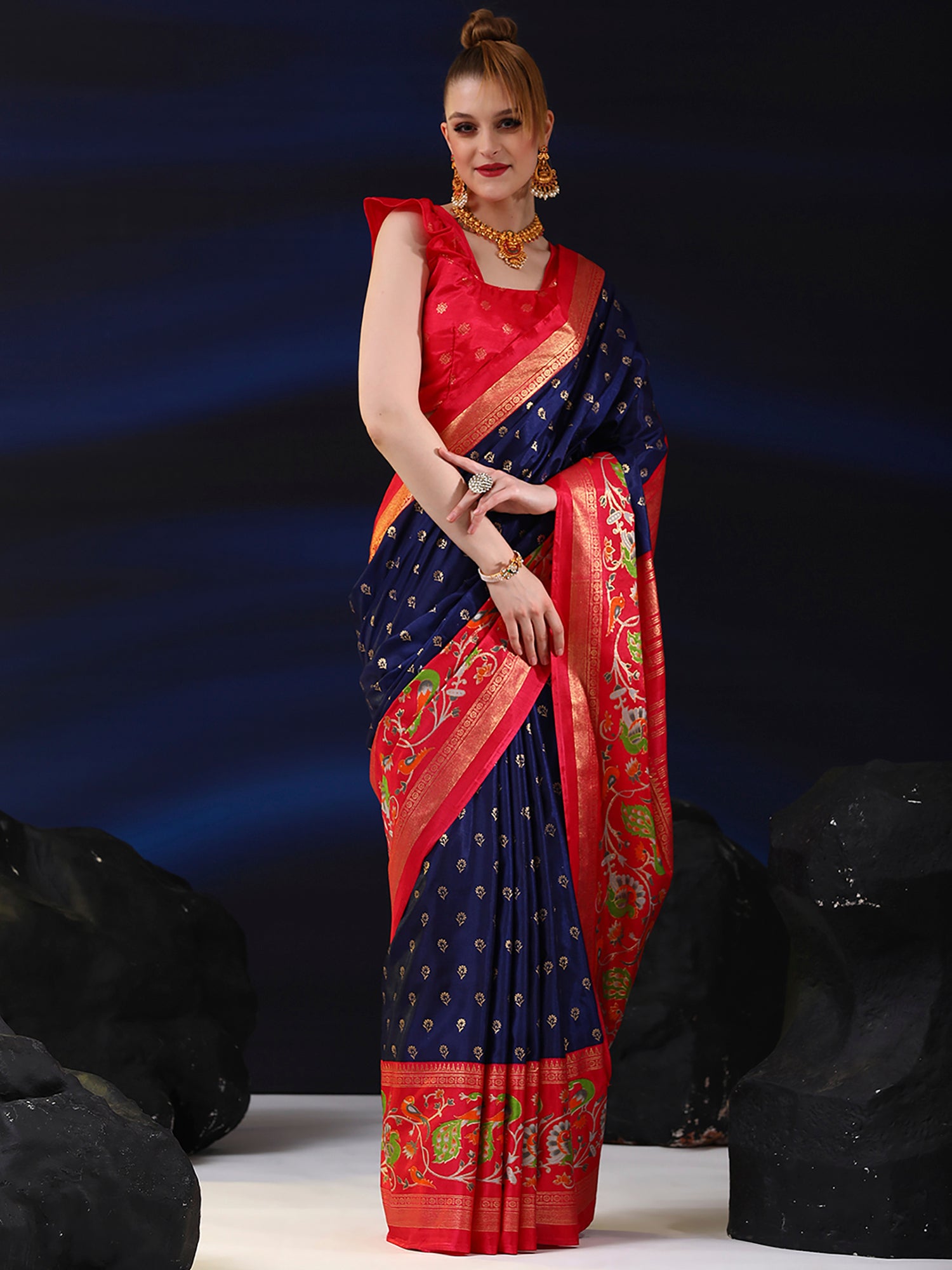 Dola Silk Navy Blue Printed Designer Saree With Blouse
